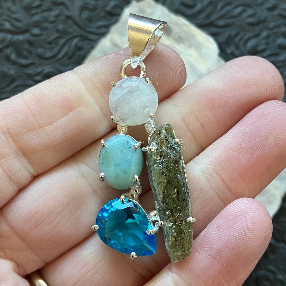 Rainbow Moonstone Green Kyanite Faceted Blue Topaz and Larimar Pendant
